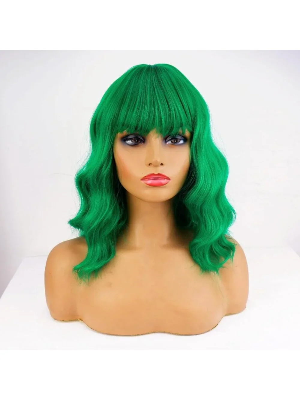 Women's Green 14 Inch Heat Resistant Short Bangs Bob Modern Wavy Wigs
